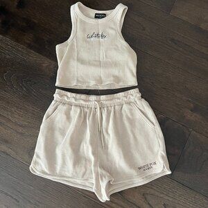 White Fox Boutique Cream Ribbed Tank and Shorts Set